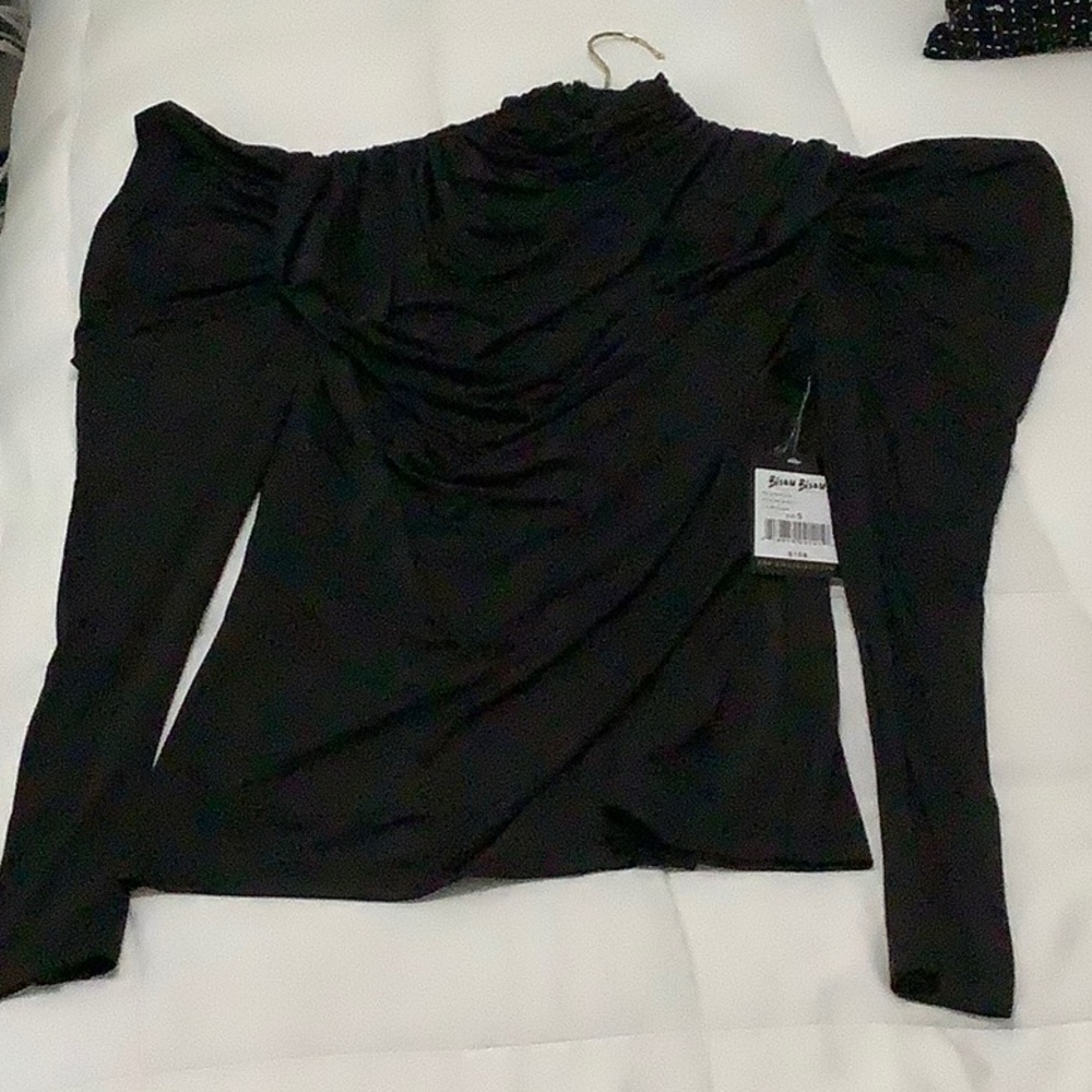Bisou Bisou Black Asymmetrical Ruched Long Sleeve Blouse